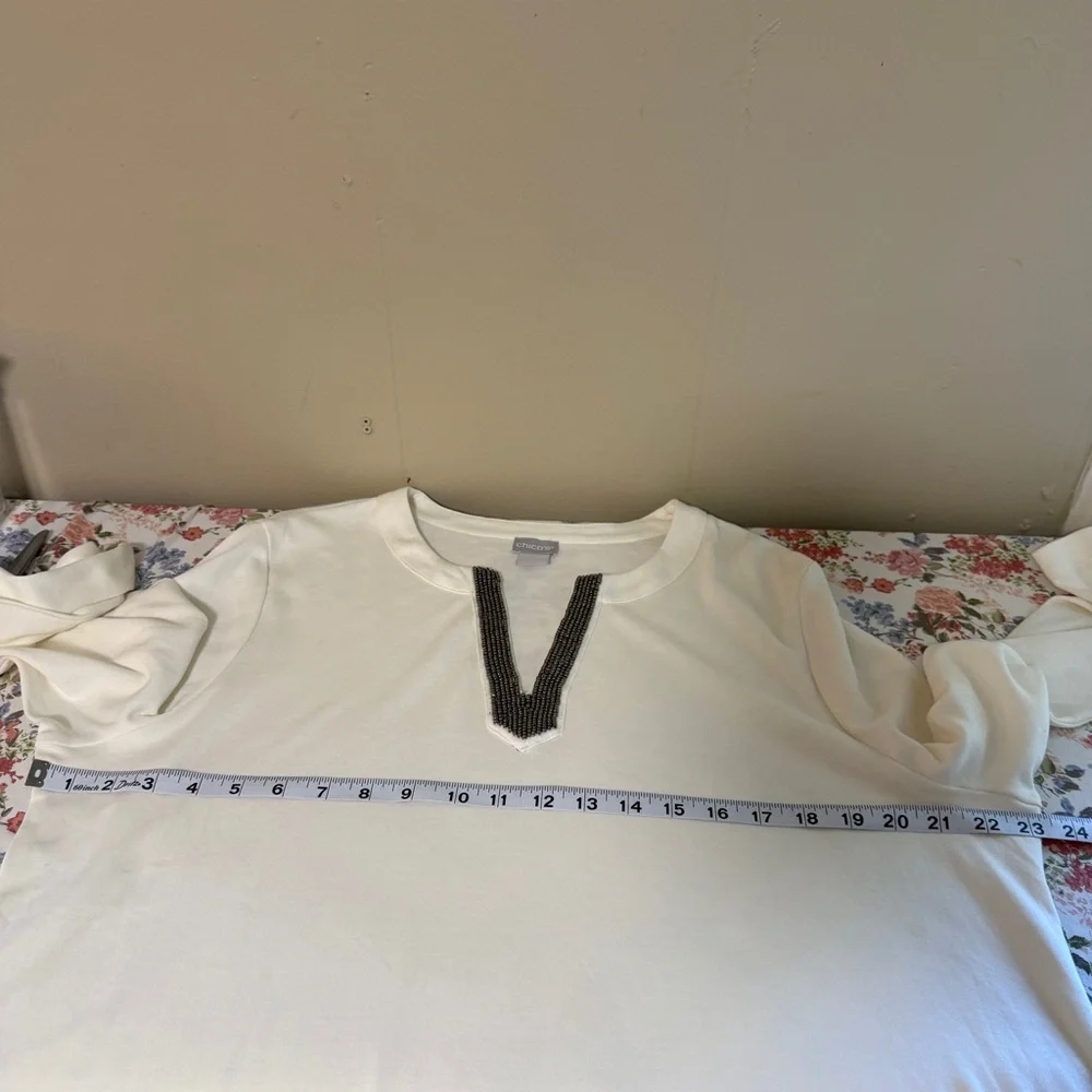 Chico's Womens Basic Cream Top XL Beaded Minimalist Capsule‎ Career Business - Picture 7 of 11